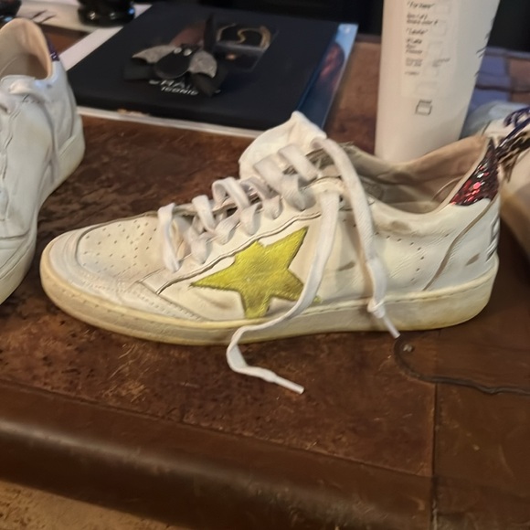Golden goose ball stars.  American 8. White, lime green stars, red sparkle back - Picture 6 of 10